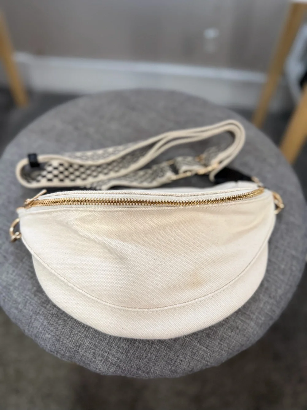 Canvas Crossbody Bag with Checker Strap - Cream/Black